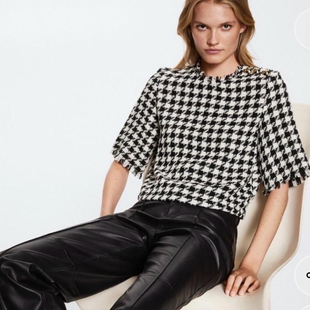 Mango Black and White Houndstooth Tweed Blouse